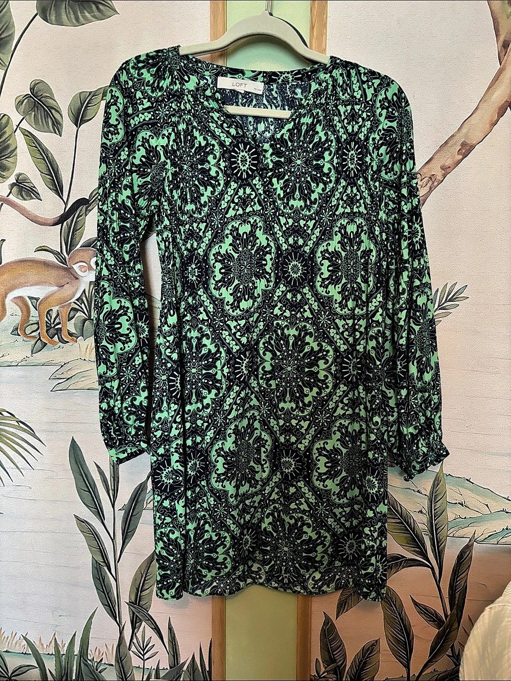 LOFT Floral Mini Dress in Green & Black Like New
